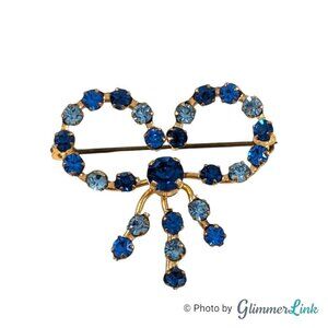 Vintage Blue Rhinestone Bow Brooch – Gold Tone, 1960s